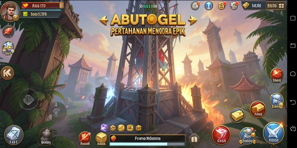 Tampilan gameplay menarik di ABUTOGEL, menampilkan menara dan musuh yang beragam.