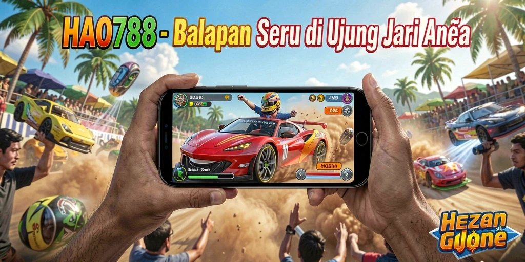 Gameplay seru HAO788 dengan mobil balap melaju kencang.