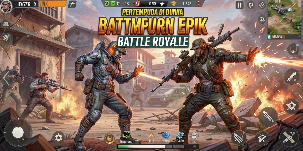Tangkapan layar ID678 menampilkan pertempuran intens dalam arena Battle Royale.
