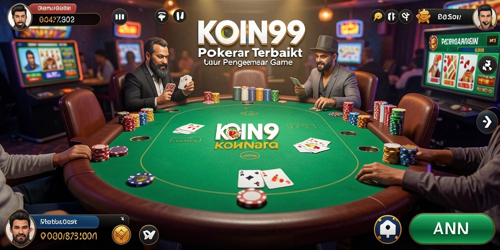 Screenshot utama KOIN99 menunjukkan gameplay poker yang seru dan interaktif.