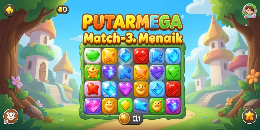 Tampilan gameplay PUTARMEGA dengan elemen Match-3 yang berwarna-warni.