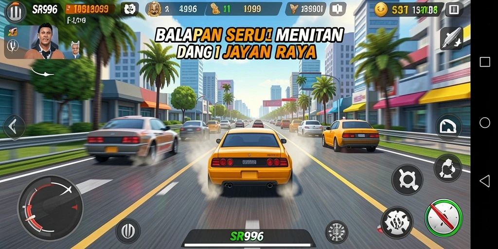 Gameplay Racing yang seru dan menegangkan di lintasan balap.