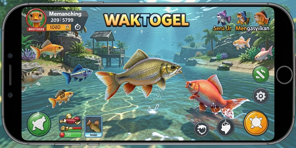 Tampilan gameplay WAKTOGEL dengan aksi memancing yang seru dan menarik.